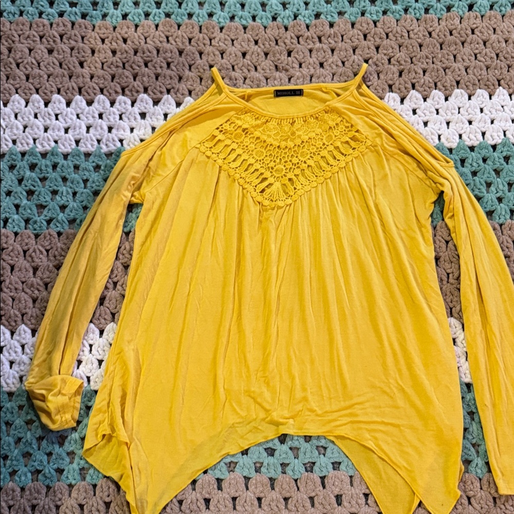 Yellow Crochet Handkerchief Hem Stretch Tunic Top Shirt Blouse Women's 2XL Plus
